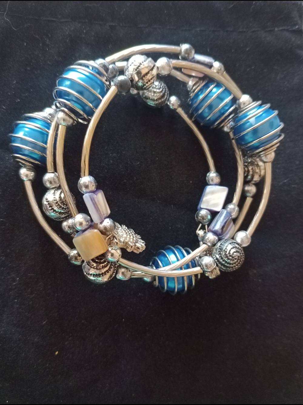 Silver-Tone Blue Beaded Wrap Bracelet - Unbranded